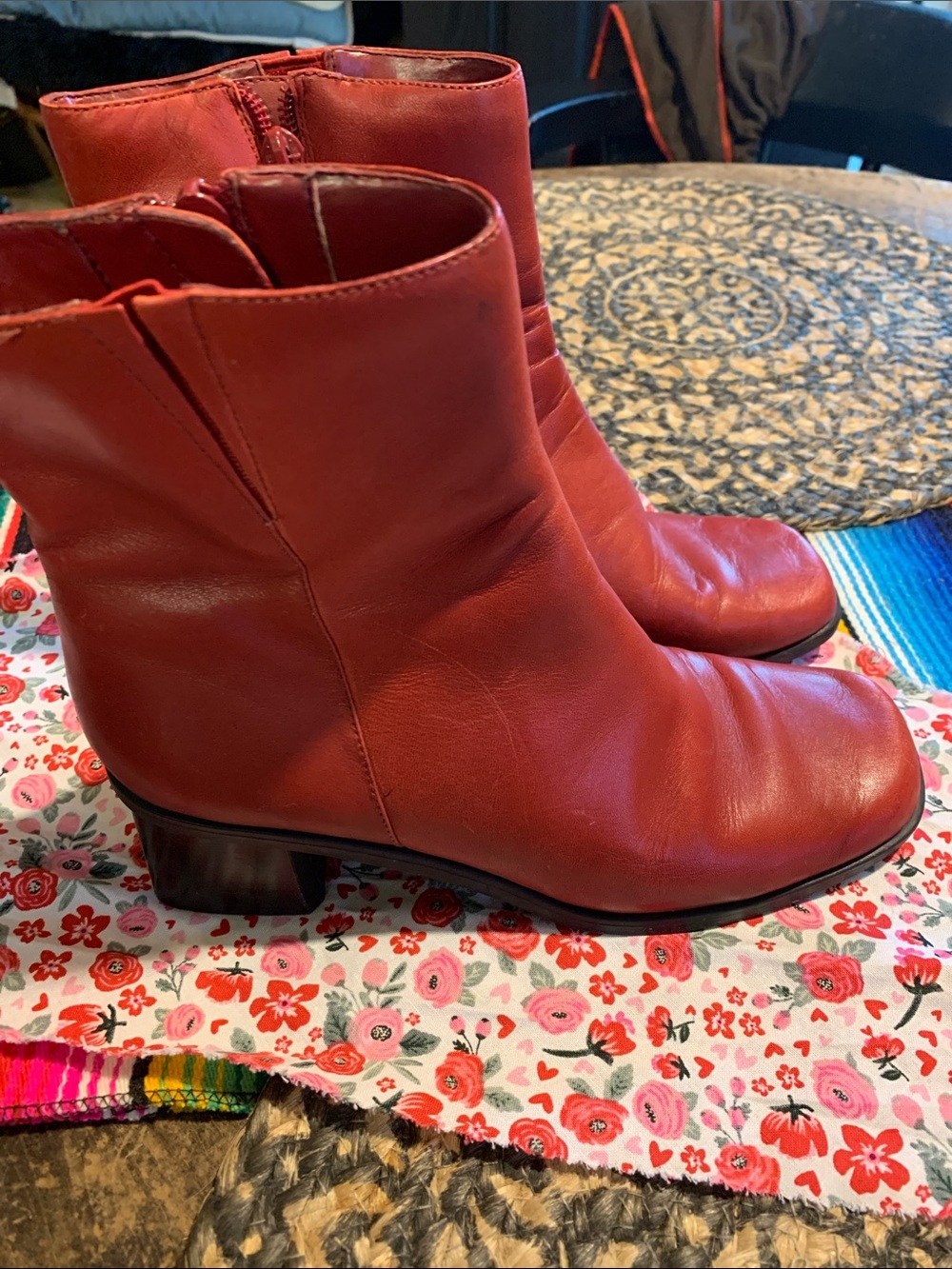 Madeline Red Leather Ankle Boots with Block Heel